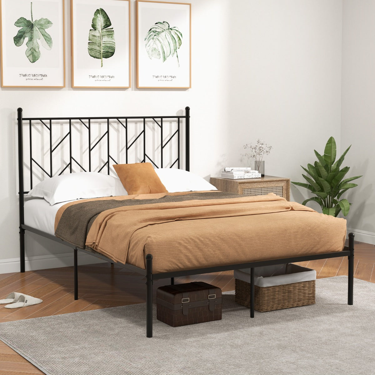 LIVSK Platformbedframe - Stevige Metalen Constructie - Geluidsarm - Hoofdbord met Finial - Draagvermogen 360 kg - Zwart