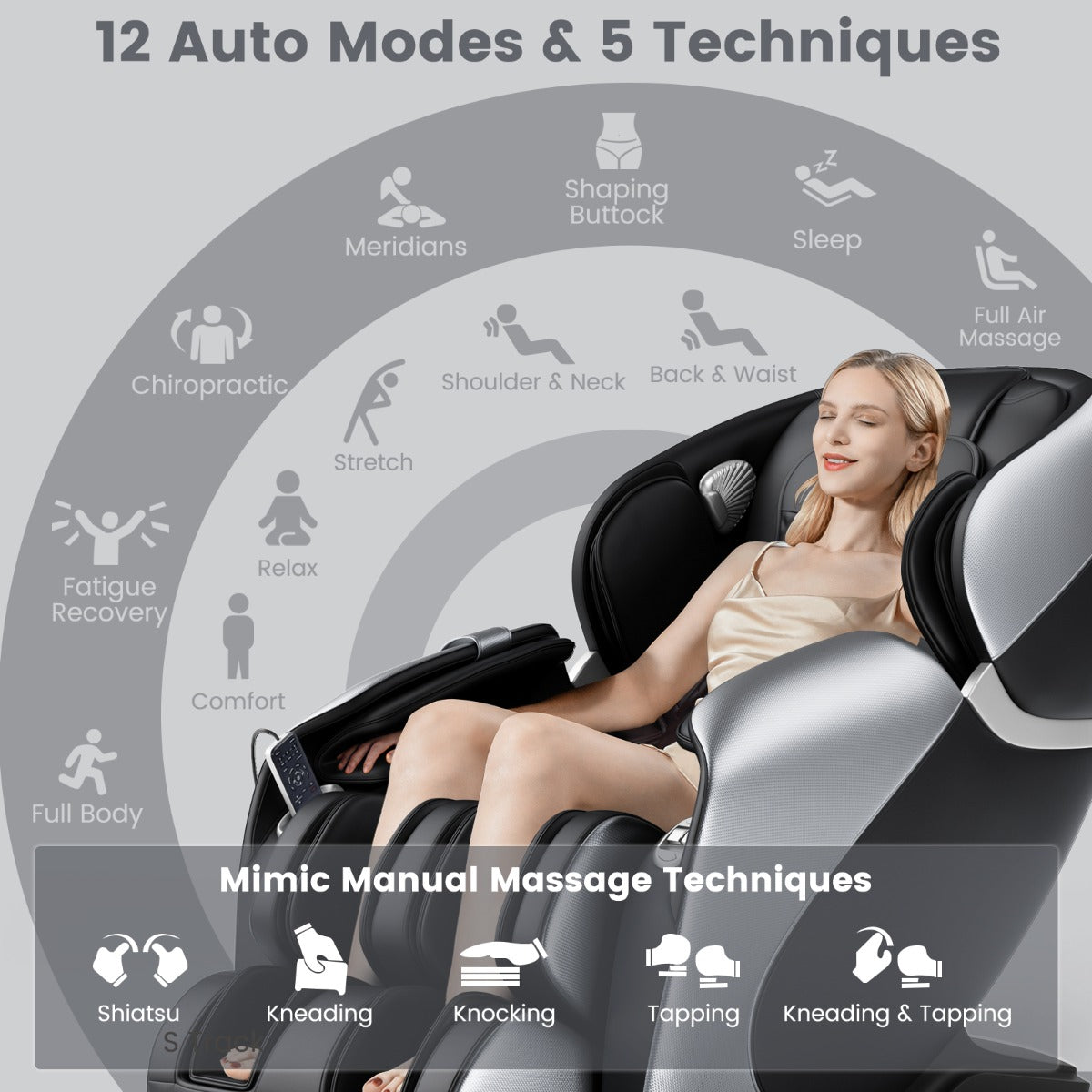 LIVSK Volledige Lichaamsmassagestoel - Ergonomisch SL-spoor - 12 Modi - Bluetooth - Nul-zwaartekracht - Zwart