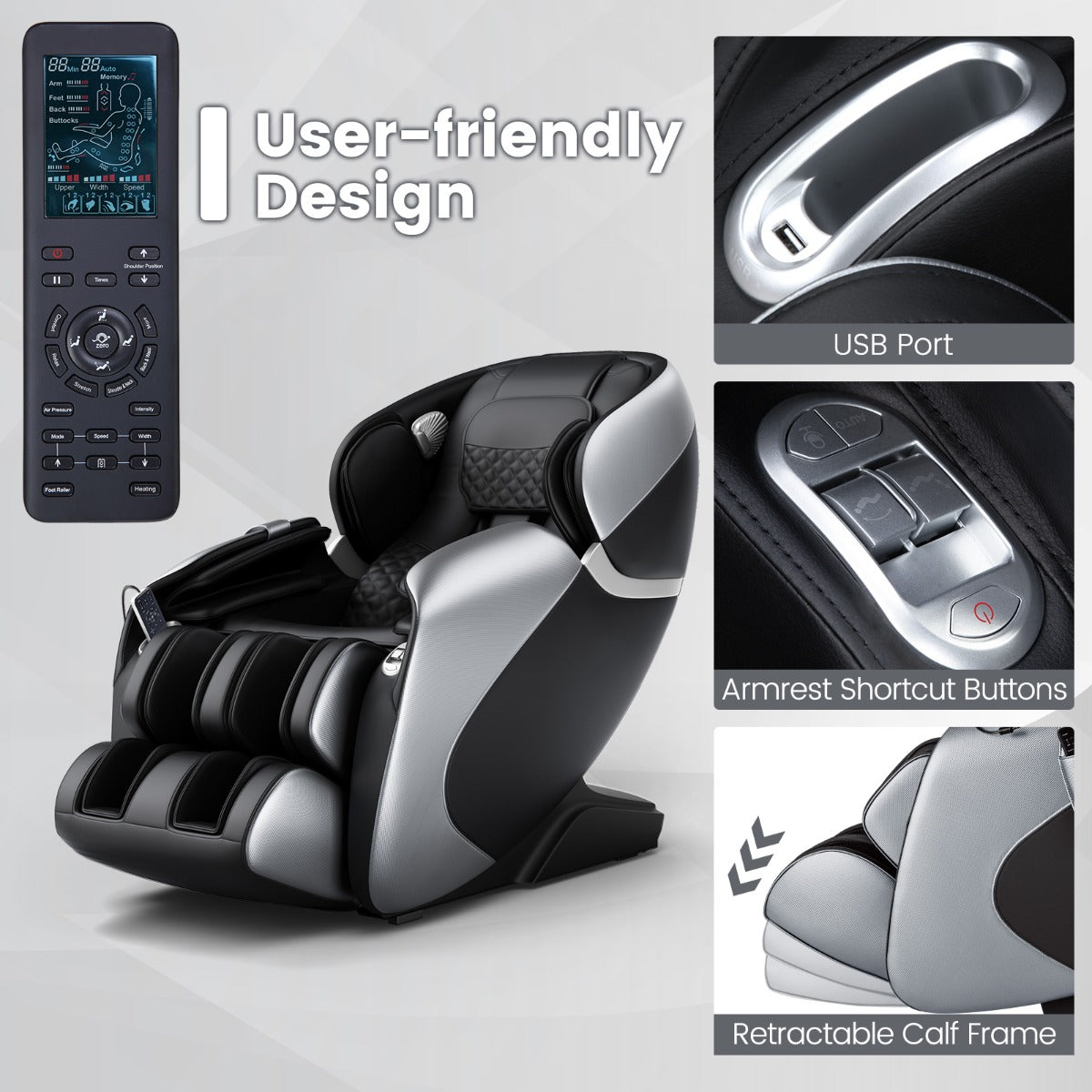 LIVSK Volledige Lichaamsmassagestoel - Ergonomisch SL-spoor - 12 Modi - Bluetooth - Nul-zwaartekracht - Zwart