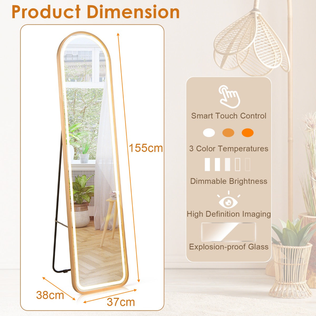 LIVSK LED-verlichte staande spiegel - HD onbreekbaar glas - Verstelbare kleur en helderheid - Aluminium frame - 37 x 38 x 155 cm
