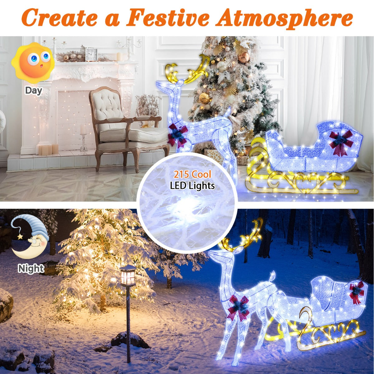 LIVSK Kerst Rendier en Slee Decoratieset - 215 LED-lampen - Stevig Metaal - Binnen en Buiten - 50 x 184 x 126 cm - Rood