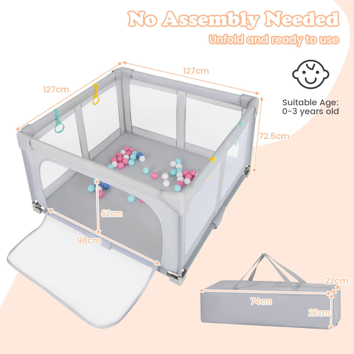 LIVSK Vouwbare Speelbox voor Baby's - Ruimte van 127 x 127 cm - Stevig Metalen Frame - Ritsdeur - Inclusief 50 Speelballen - Grijs