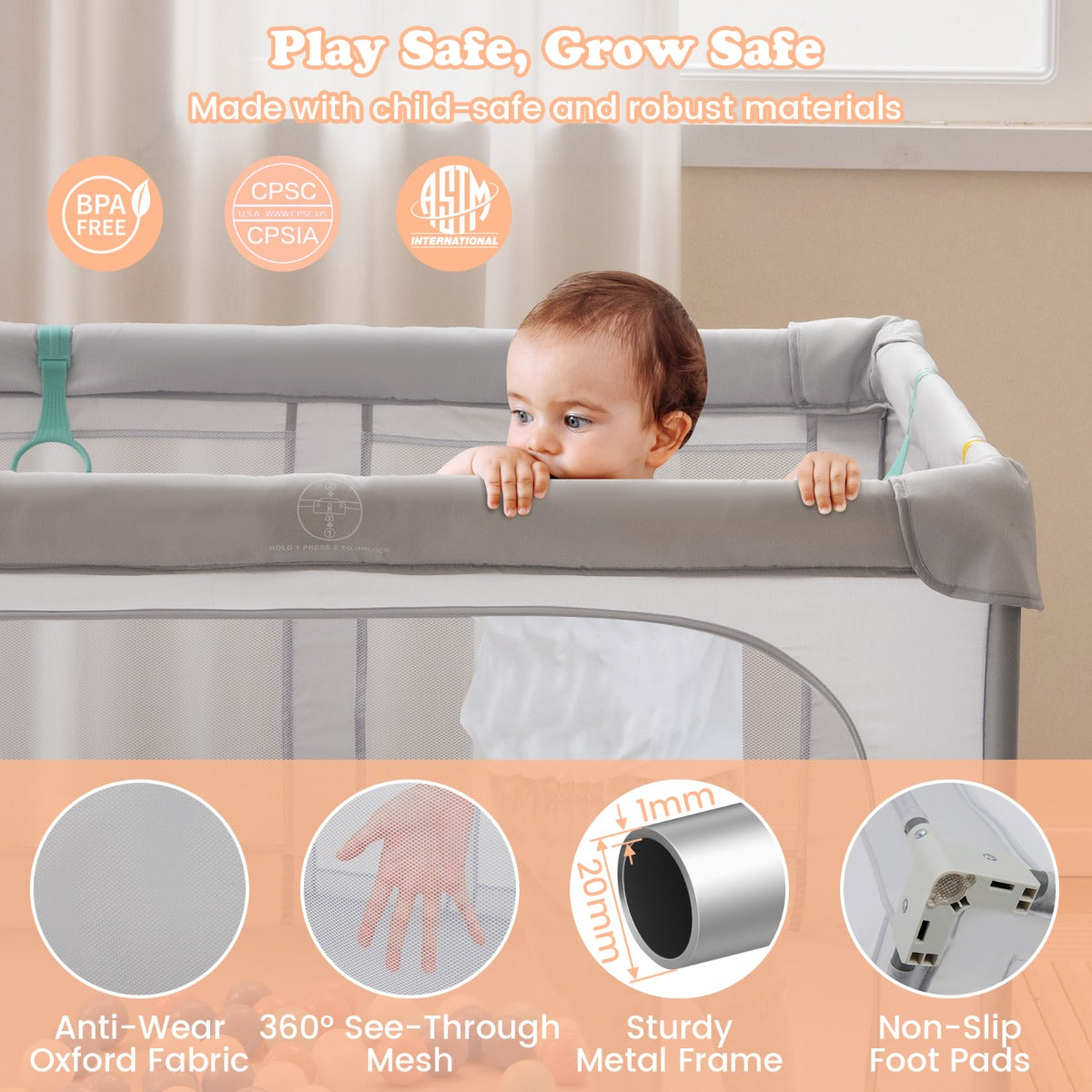LIVSK Vouwbare Speelbox voor Baby's - Ruimte van 127 x 127 cm - Stevig Metalen Frame - Ritsdeur - Inclusief 50 Speelballen - Grijs