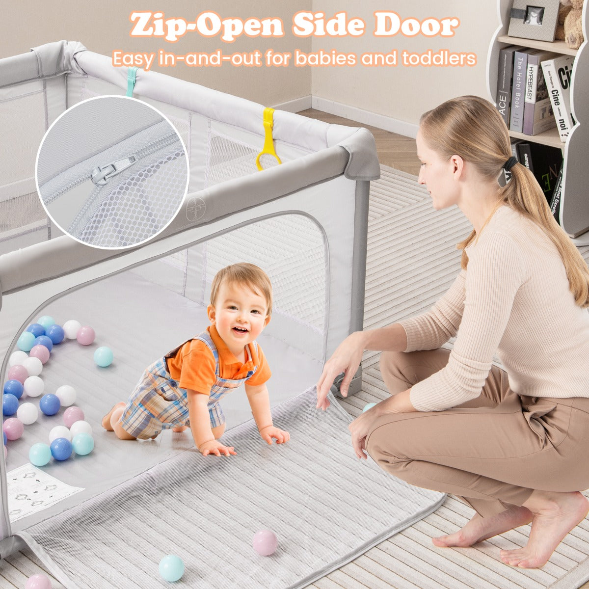 LIVSK Vouwbare Speelbox voor Baby's - Ruimte van 127 x 127 cm - Stevig Metalen Frame - Ritsdeur - Inclusief 50 Speelballen - Grijs