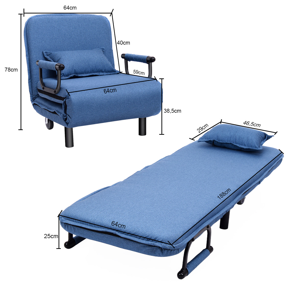LIVSK 3-in-1 Opvouwbare Bank - Ligstoel en Bed - Ruimtebesparend - Stevig Stalen Frame - Draagvermogen tot 150 kg - Blauw