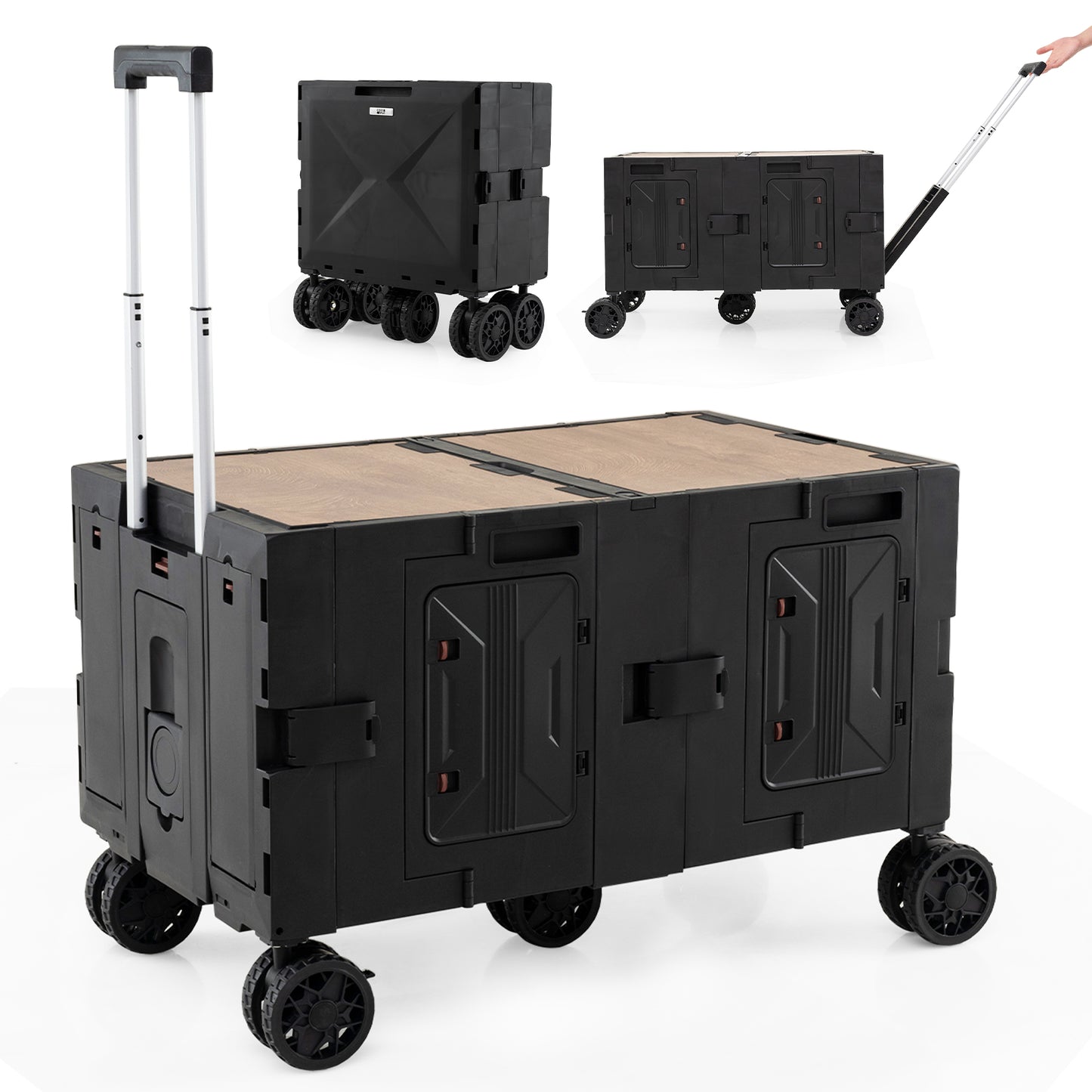LIVSK Opvouwbare Servicewagen - Verstelbare Handgreep - 2 Boxen - 5 Wielen - Compact voor Opslag - Tot 60 kg - Zwart