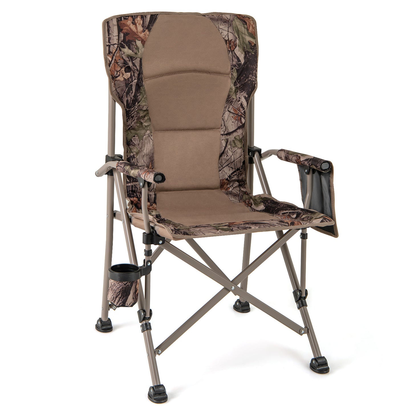 LIVSK Opvouwbare Campingstoel met Bekerhouder - Ergonomisch en Sterk - Draagtas - Voor Jagen en Kamperen - Camouflage + Bruin