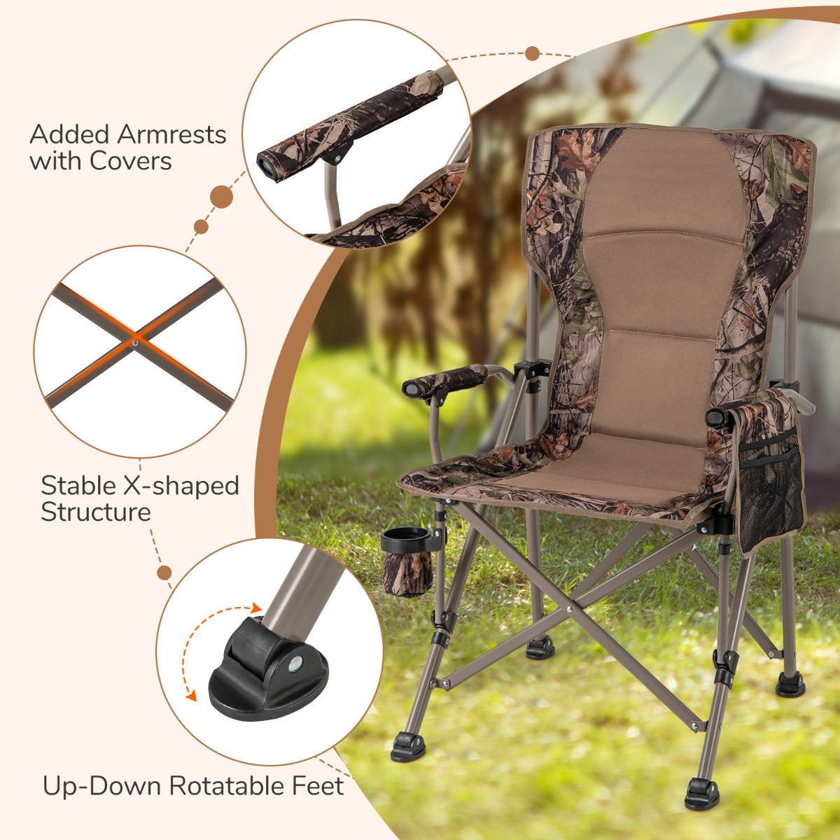 LIVSK Opvouwbare Campingstoel met Bekerhouder - Ergonomisch en Sterk - Draagtas - Voor Jagen en Kamperen - Camouflage + Bruin