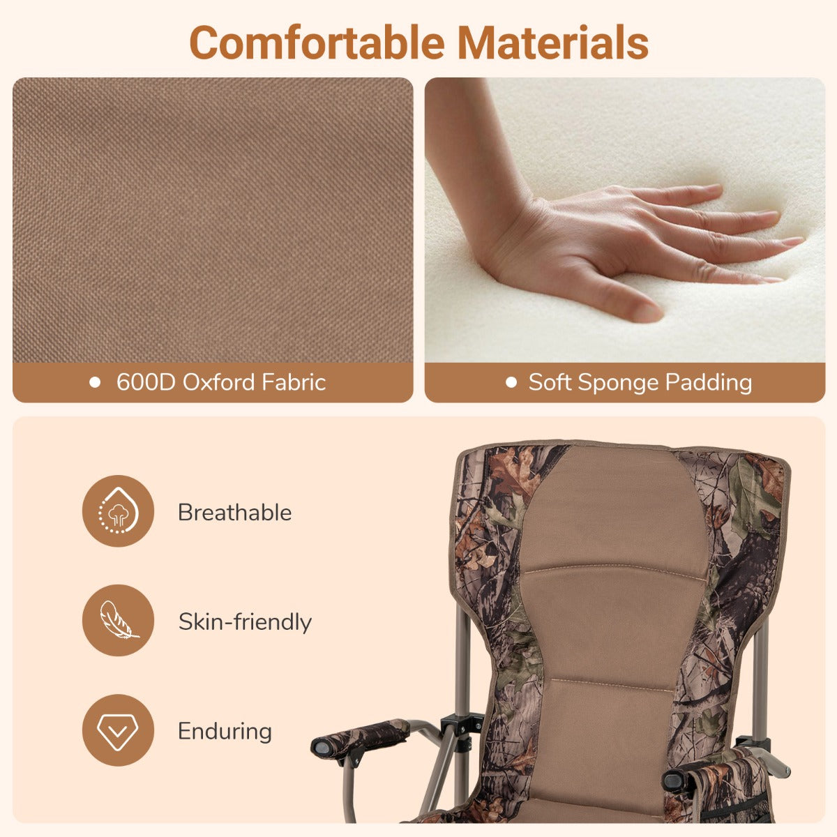 LIVSK Opvouwbare Campingstoel met Bekerhouder - Ergonomisch en Sterk - Draagtas - Voor Jagen en Kamperen - Camouflage + Bruin