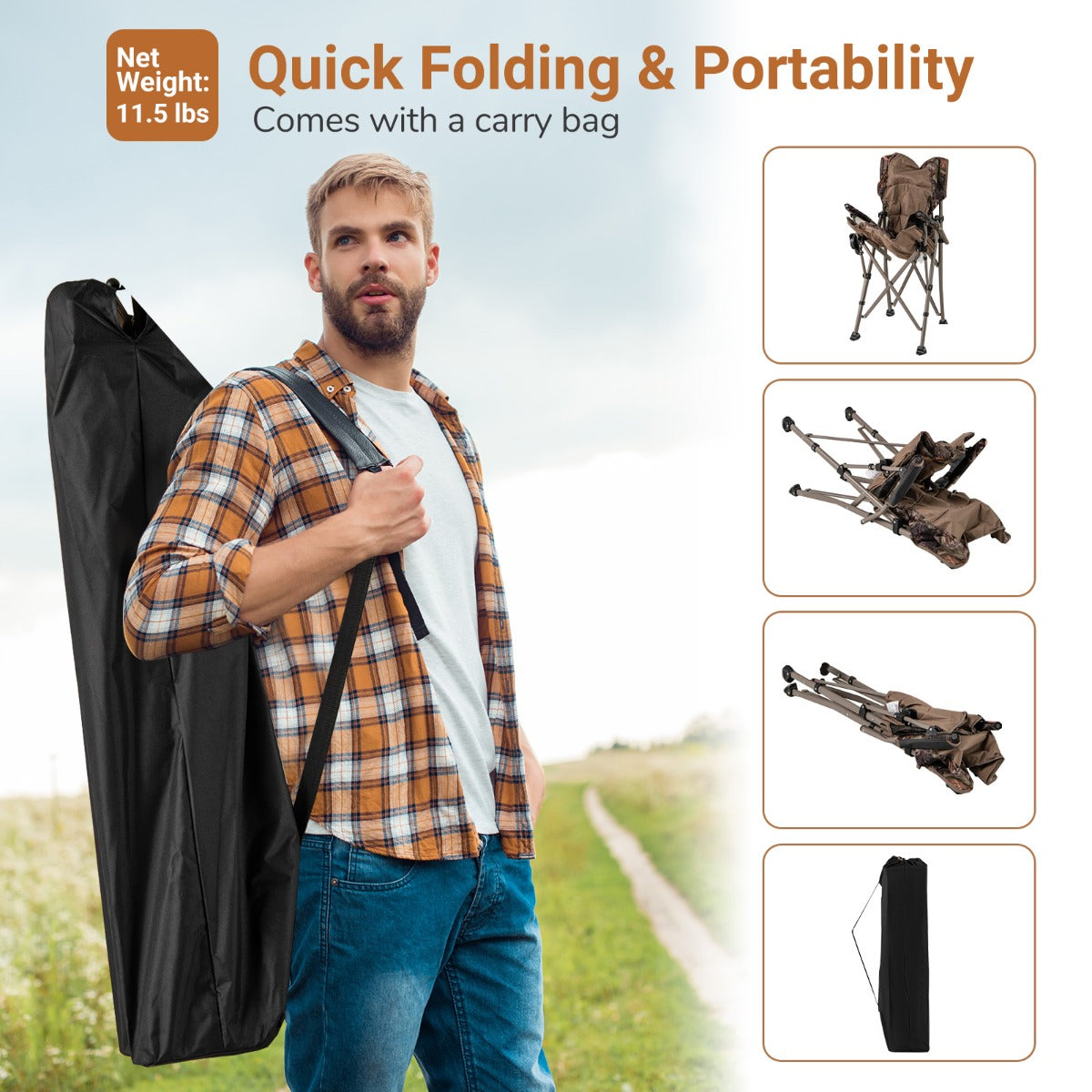 LIVSK Opvouwbare Campingstoel met Bekerhouder - Ergonomisch en Sterk - Draagtas - Voor Jagen en Kamperen - Camouflage + Bruin
