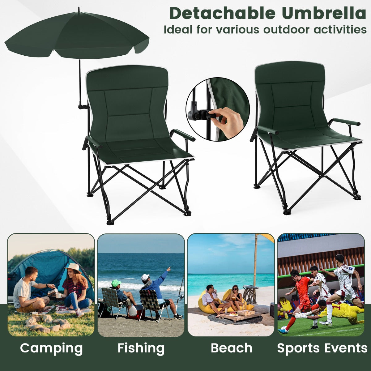 LIVSK Campingstoel met Parasol - Draaibaar - Belastbaar tot 150 kg - Opvouwbaar en Draagbaar - Comfortabel Design - Groen