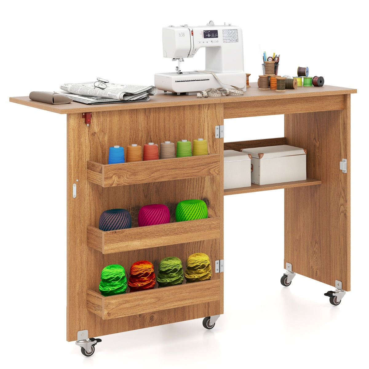 Livsk costway vouwbare naaitafel rollende knutselstation met opbergvak 3 verborgen containers mobiele naaitafel 1185 x 40 x 795 cm natuur