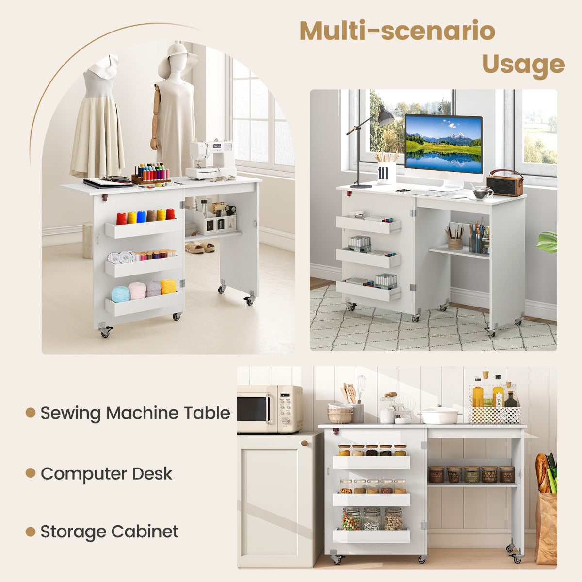 Livsk costway vouwbare naaitafel rollende knutselstation met opbergvak 3 verborgen containers mobiele naaitafel 1185 x 40 x 795 cm wit 4