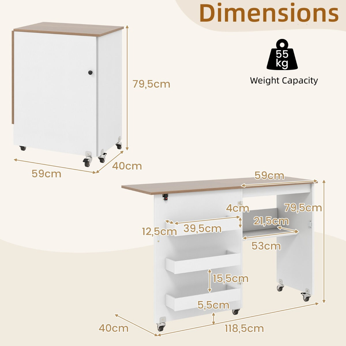 Livsk costway vouwbare naaitafel rollende knutselstation met opbergvak 3 verborgen containers mobiele naaitafel 1185 x 40 x 795 cm witnaturel 1