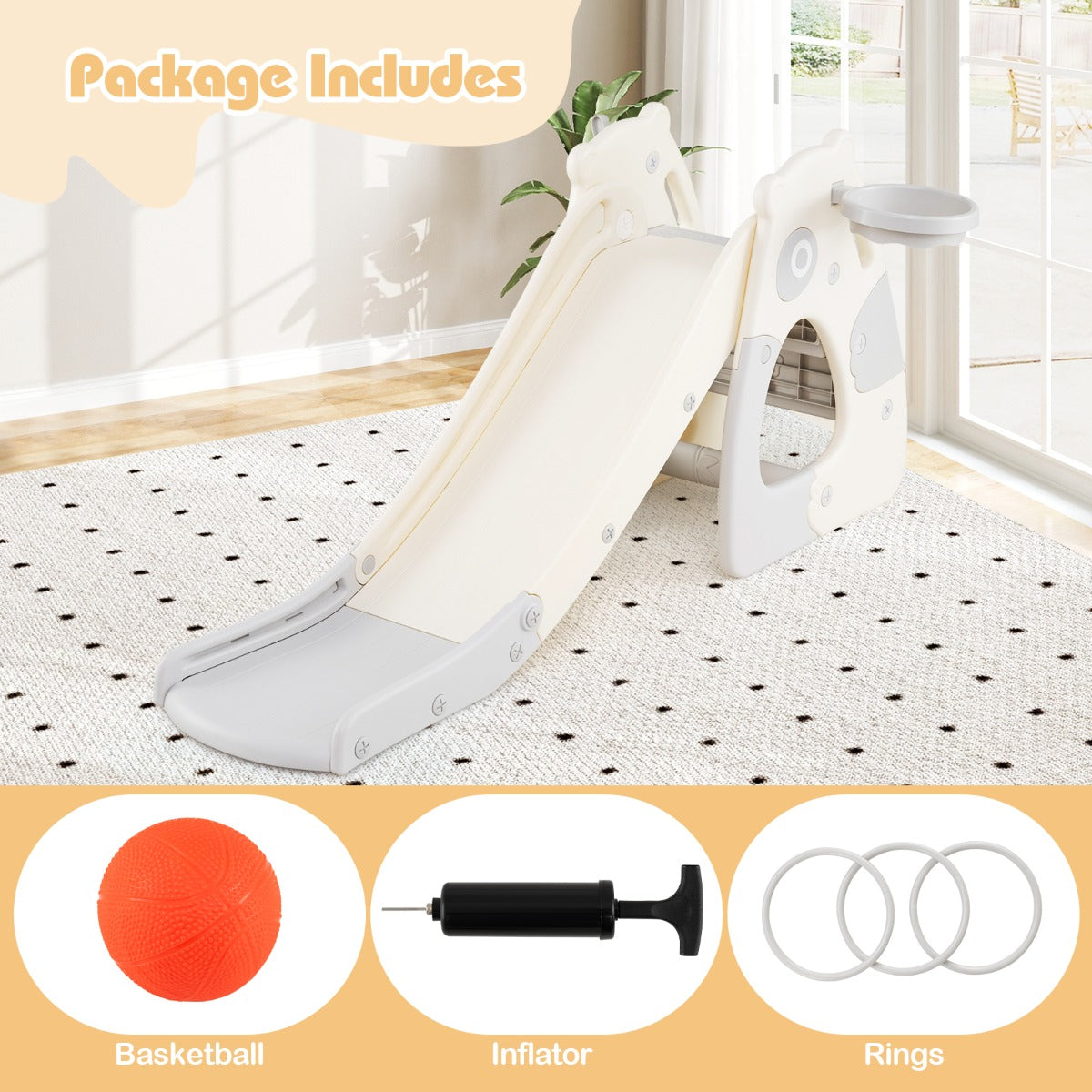 LIVSK 4-in-1 Peuter Glijbaan - Vrijstaand met Basketbalring - Veilig HDPE - Opvouwbaar - Voor Kinderen vanaf 3 jaar - Grijs