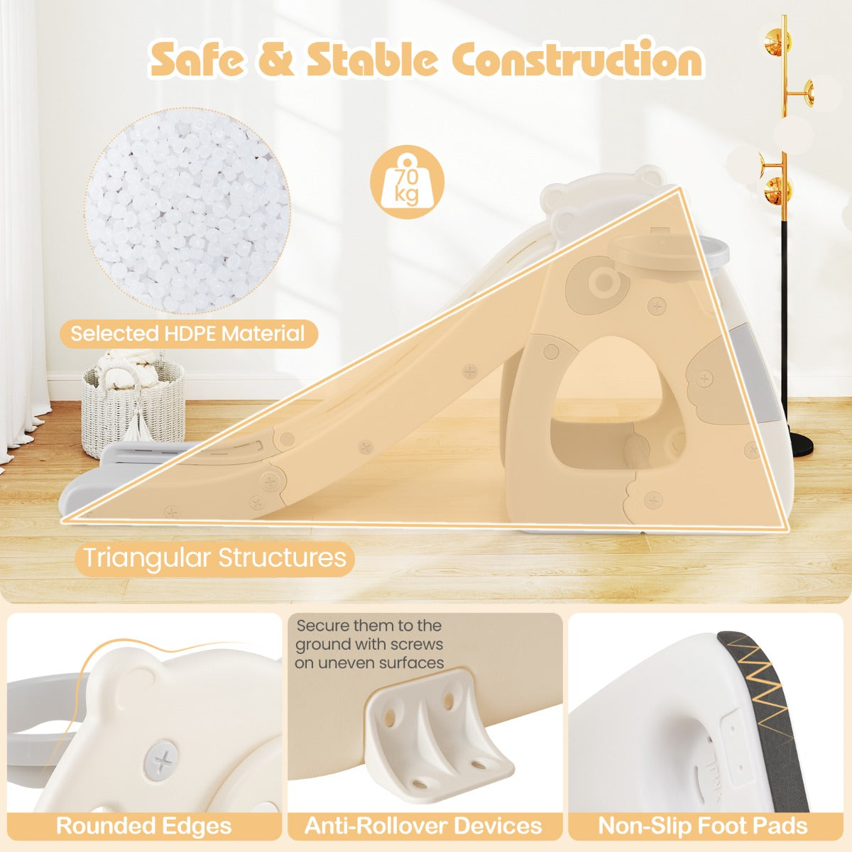 LIVSK 4-in-1 Peuter Glijbaan - Vrijstaand met Basketbalring - Veilig HDPE - Opvouwbaar - Voor Kinderen vanaf 3 jaar - Grijs