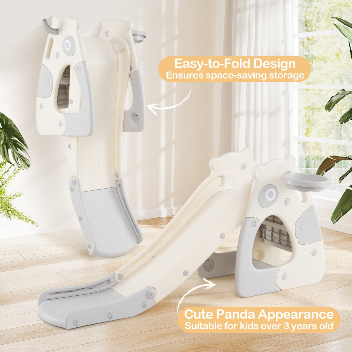 LIVSK 4-in-1 Peuter Glijbaan - Vrijstaand met Basketbalring - Veilig HDPE - Opvouwbaar - Voor Kinderen vanaf 3 jaar - Grijs