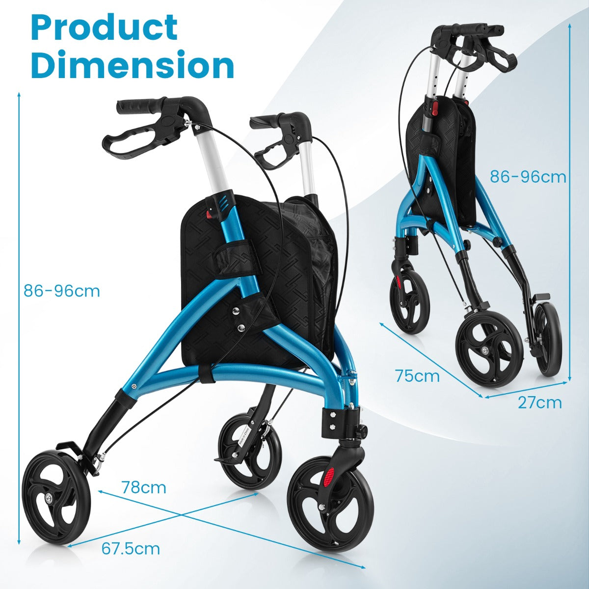 LIVSK Vouwbare Rollator voor Senioren - Lichtgewicht Aluminium - 20 cm Grote Wielen - 6 Verstelbare Hoogtes - Tot 136 kg - Blauw