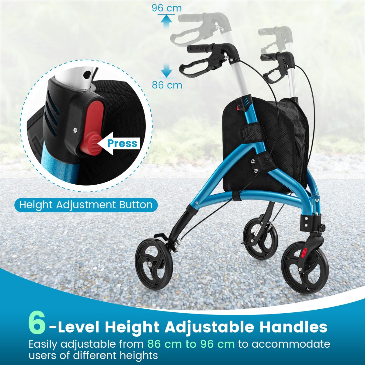 LIVSK Vouwbare Rollator voor Senioren - Lichtgewicht Aluminium - 20 cm Grote Wielen - 6 Verstelbare Hoogtes - Tot 136 kg - Blauw