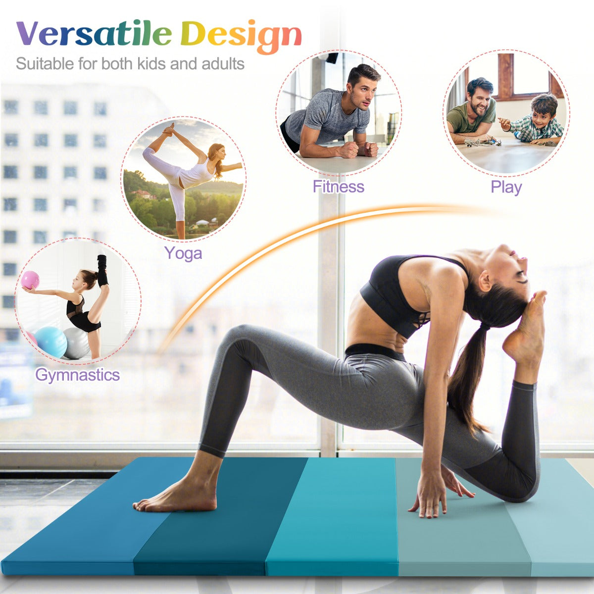 LIVSK Fitnessmat - Opvouwbaar en Lichtgewicht - Hoogwaardig PU en EPE-schuim - Draaghandvatten - 180 x 120 x 4 cm - Blauw