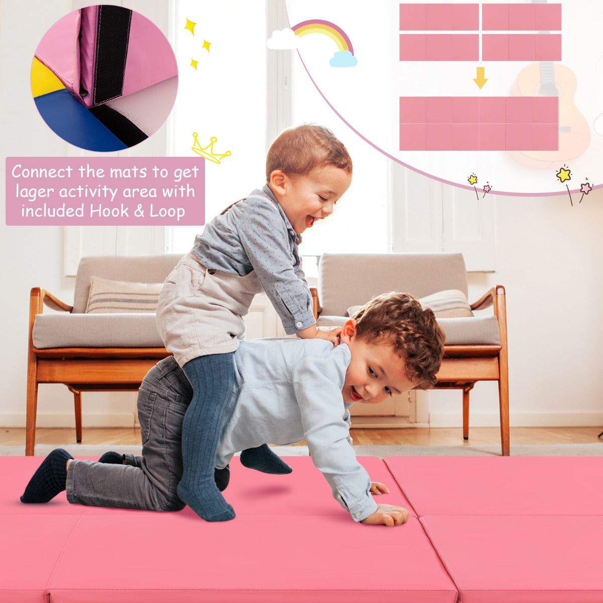 LIVSK opvouwbare yogamat - Ergonomisch en antislip - Handgrepen voor eenvoudig transport - 180 x 60 x 5 cm - Roze