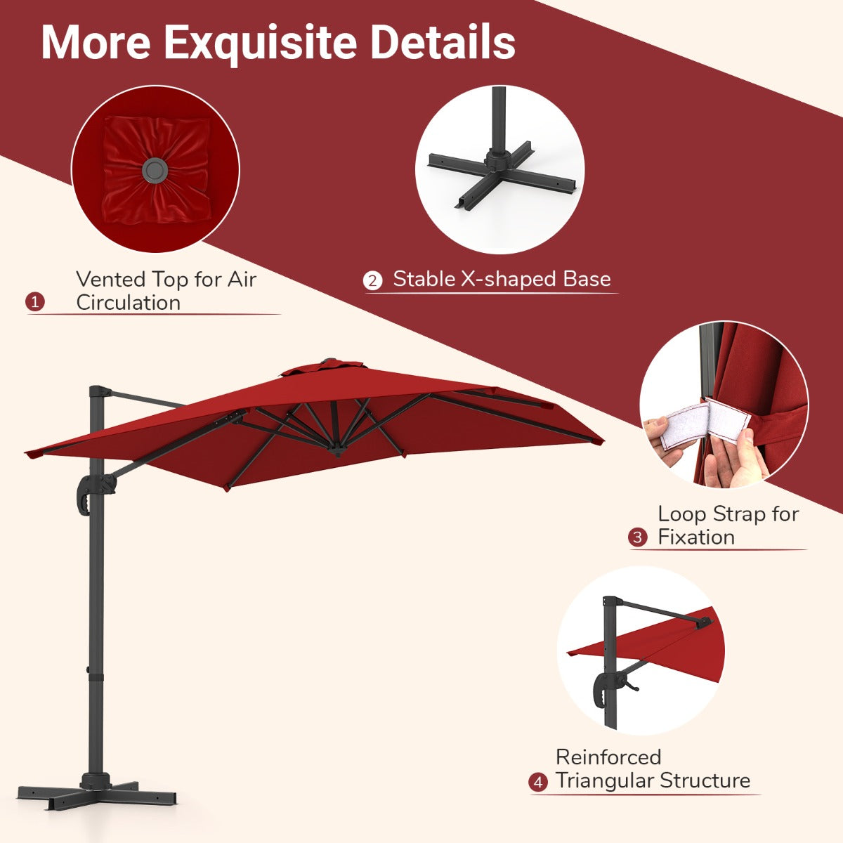 LIVSK Zweefparasol - Verstelbare 5 Hoeken - 360° Draaibaar - Hoogwaardig Polyester - Stabiele Basis - Rood