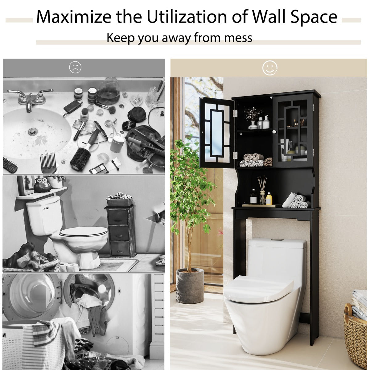 LIVSK Badkamerkast voor boven het toilet - 3 Verstelbare Planken - Glazen Deuren - Duurzaam MDF - Tot 25 kg - Zwart