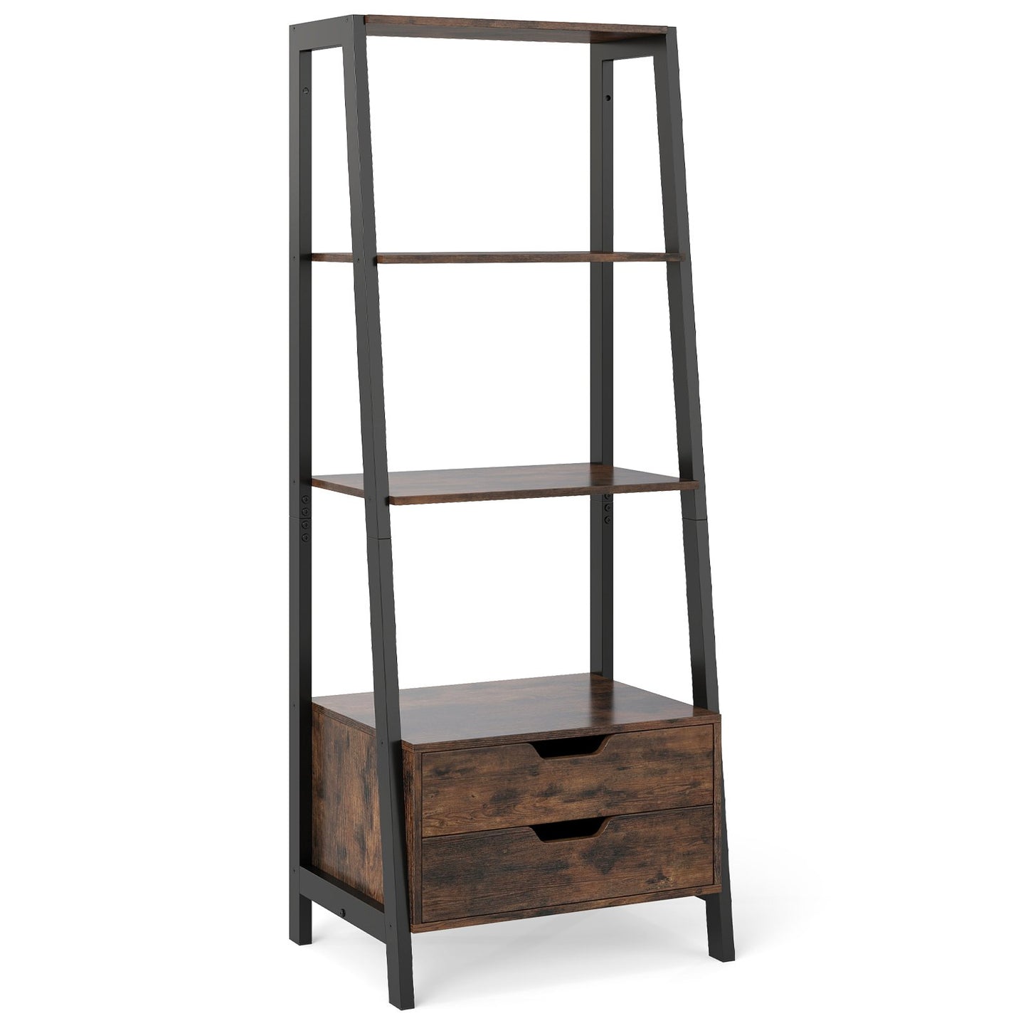 LIVSK Ladderboekenplank met 4 Open Planken en 2 Lades - Stevig Metalen Frame - Kantelbeveiliging - 52 x 39,5 x 134 cm - Rustiek