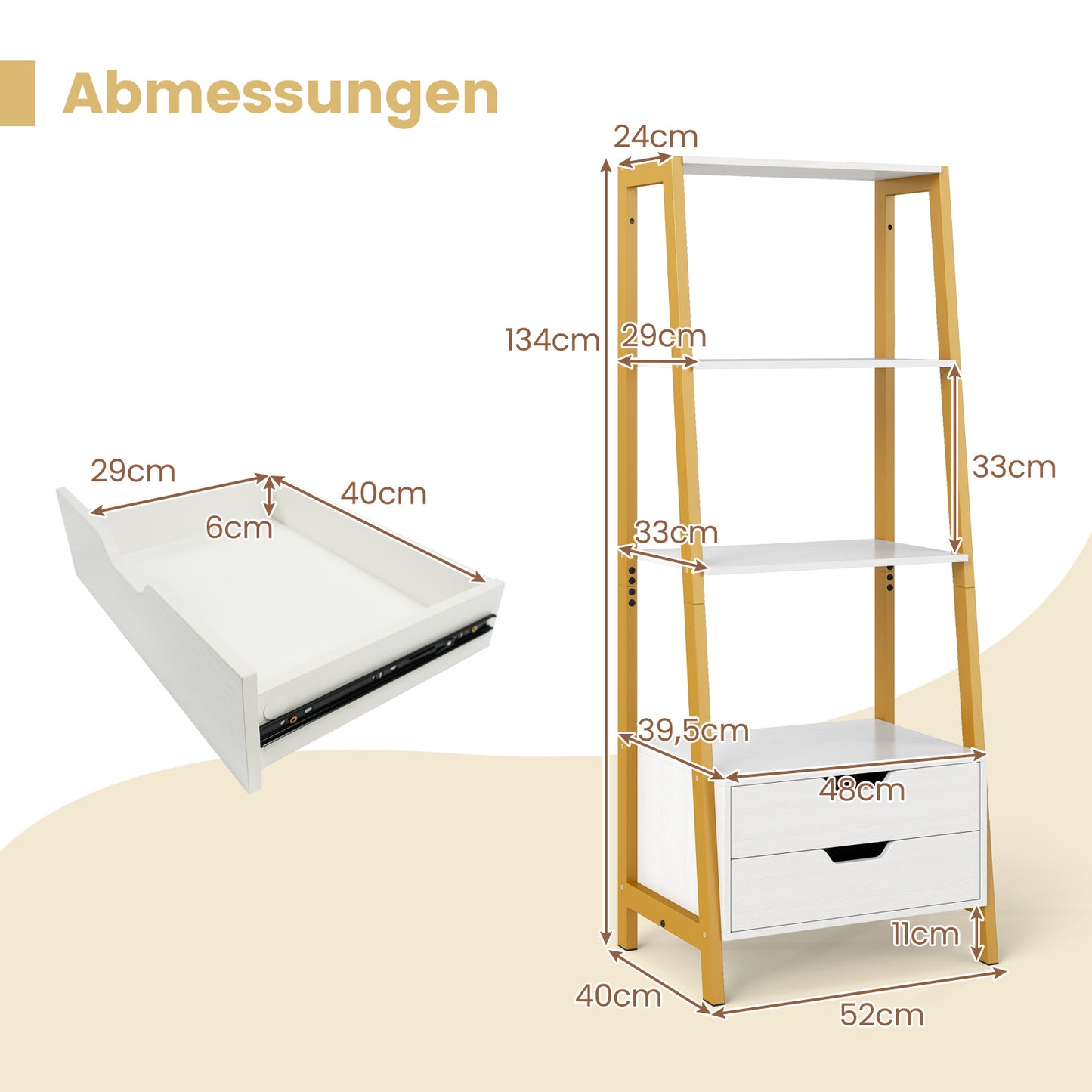 LIVSK Ladderboekenplank met 4 Open Planken en 2 Lades - Stevig Metalen Frame - Inclusief Kantelbeveiliging - 52 x 39,5 x 134 cm -