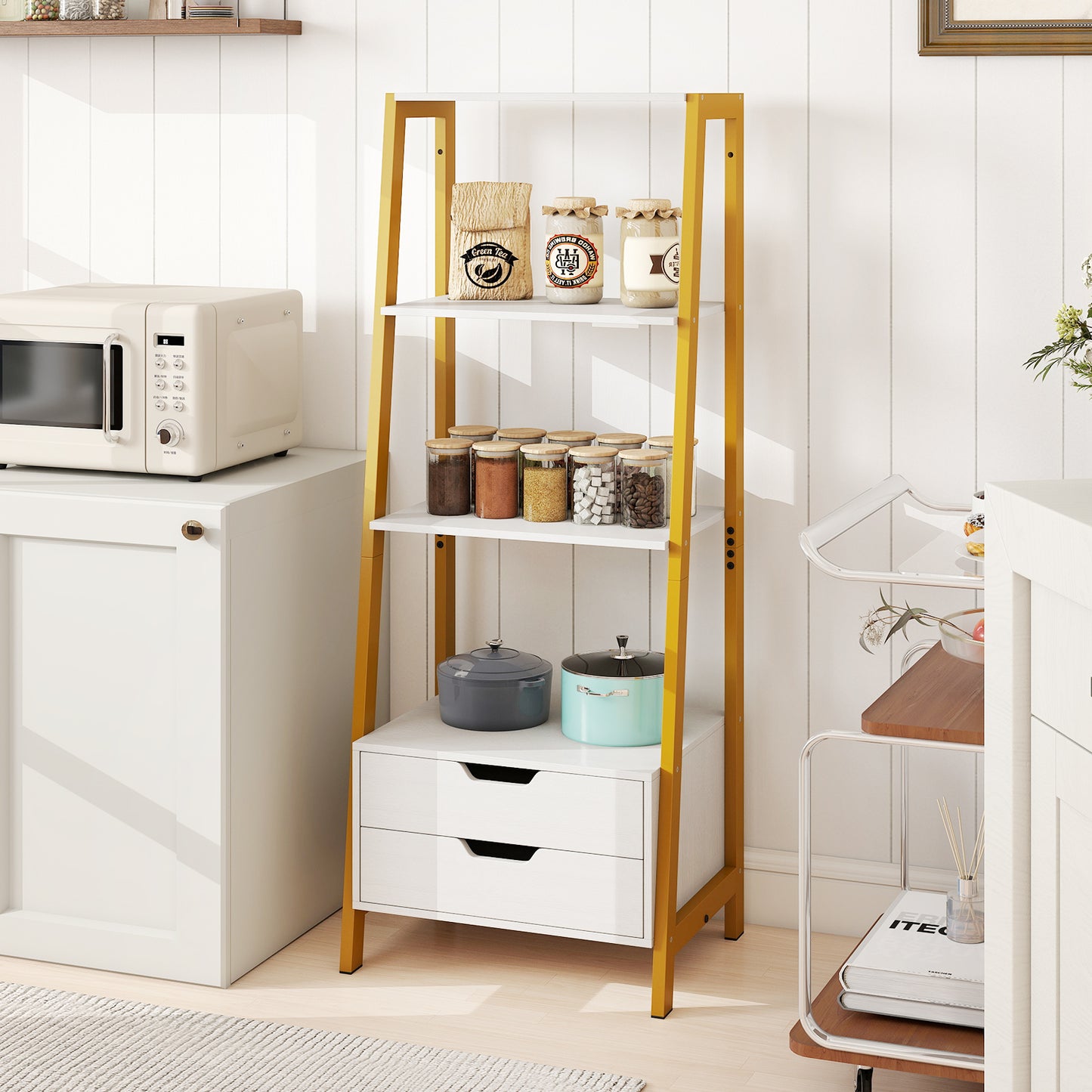 LIVSK Ladderboekenplank met 4 Open Planken en 2 Lades - Stevig Metalen Frame - Inclusief Kantelbeveiliging - 52 x 39,5 x 134 cm -