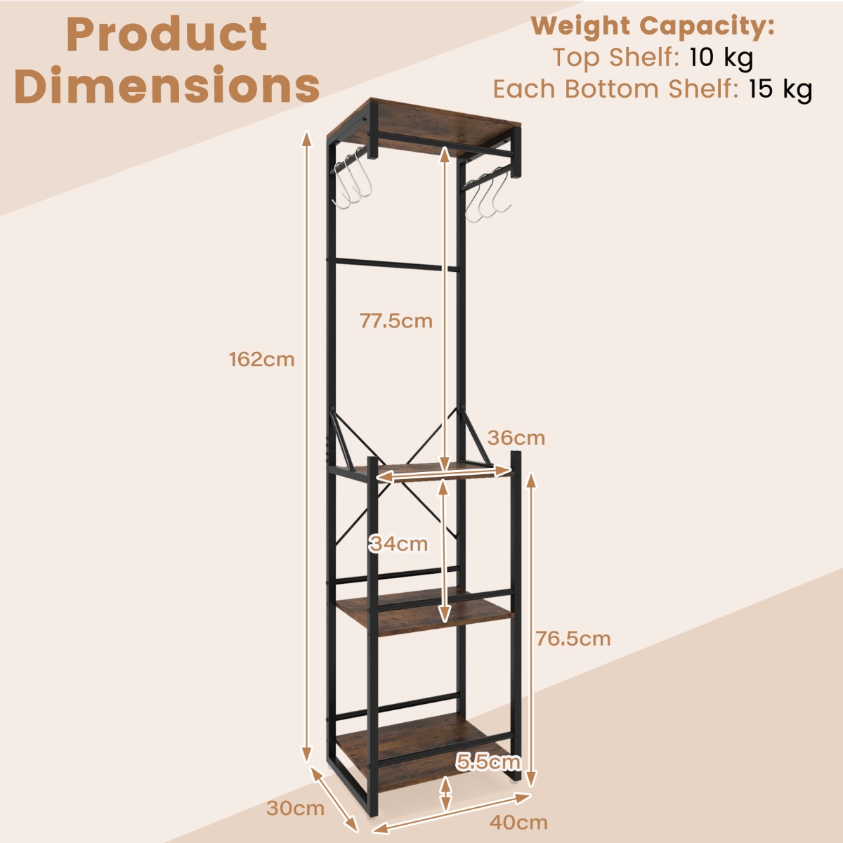 Livsk costway vrijstaande garderobe slanke halboom met 4 legplanken 6 haken en 3 kledingstangen 2