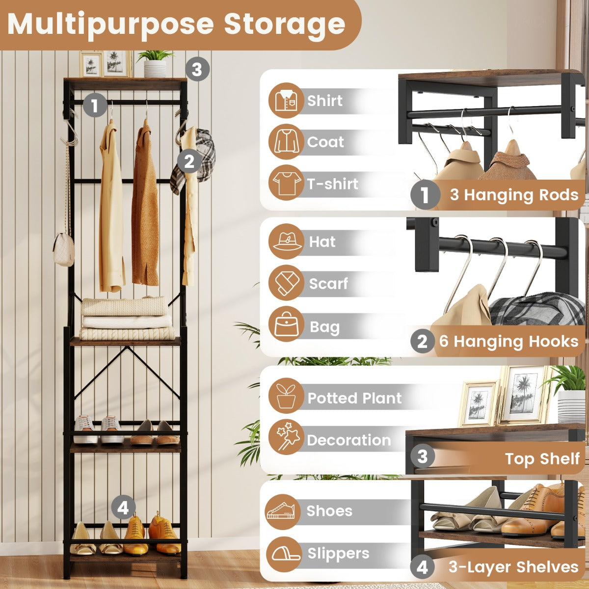Livsk costway vrijstaande garderobe slanke halboom met 4 legplanken 6 haken en 3 kledingstangen 3