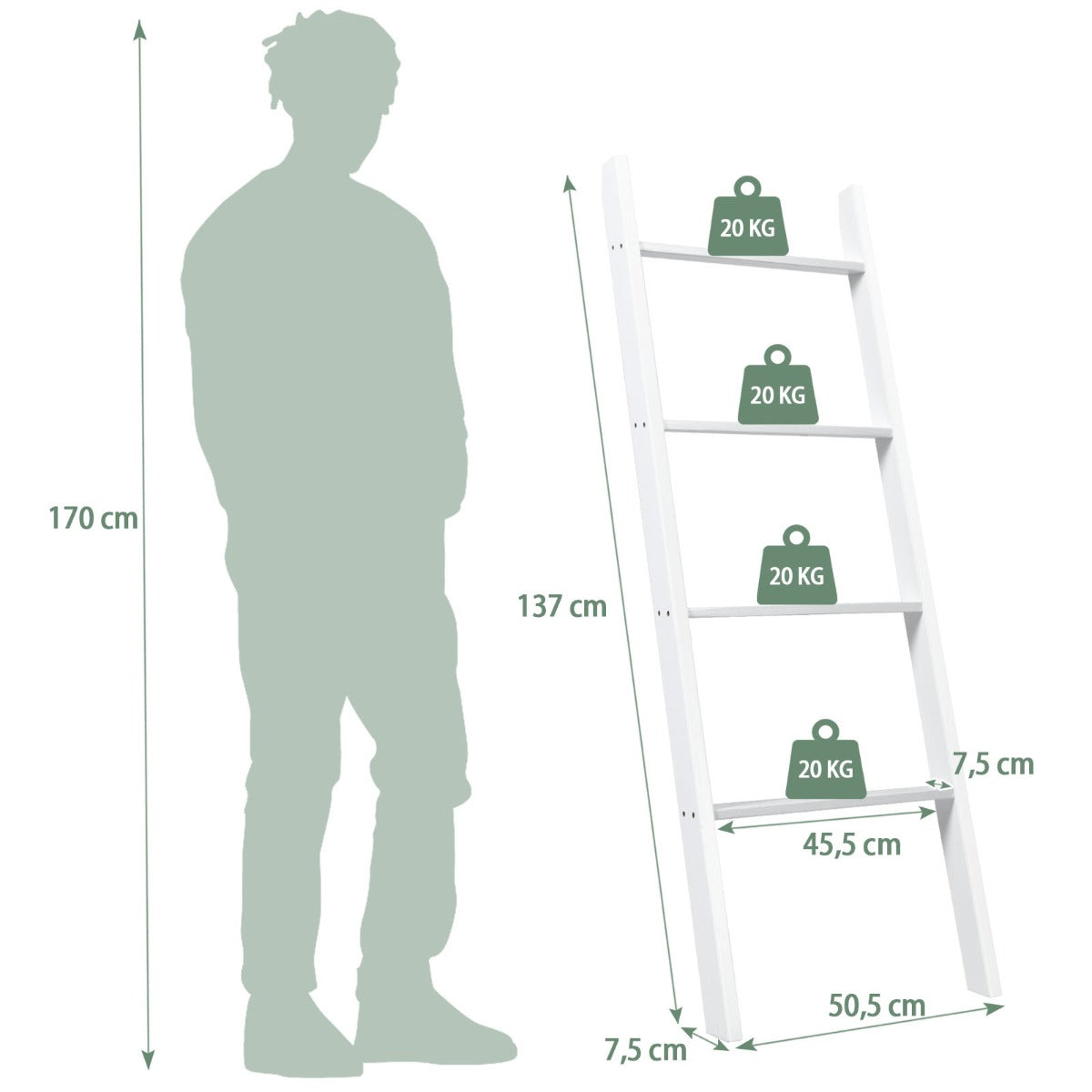 LIVSK Vrijstaande Ladderplank - Stevig Dennenhout met Antislip - Draagvermogen tot 80 kg - Veelzijdig en Rustiek - Wit
