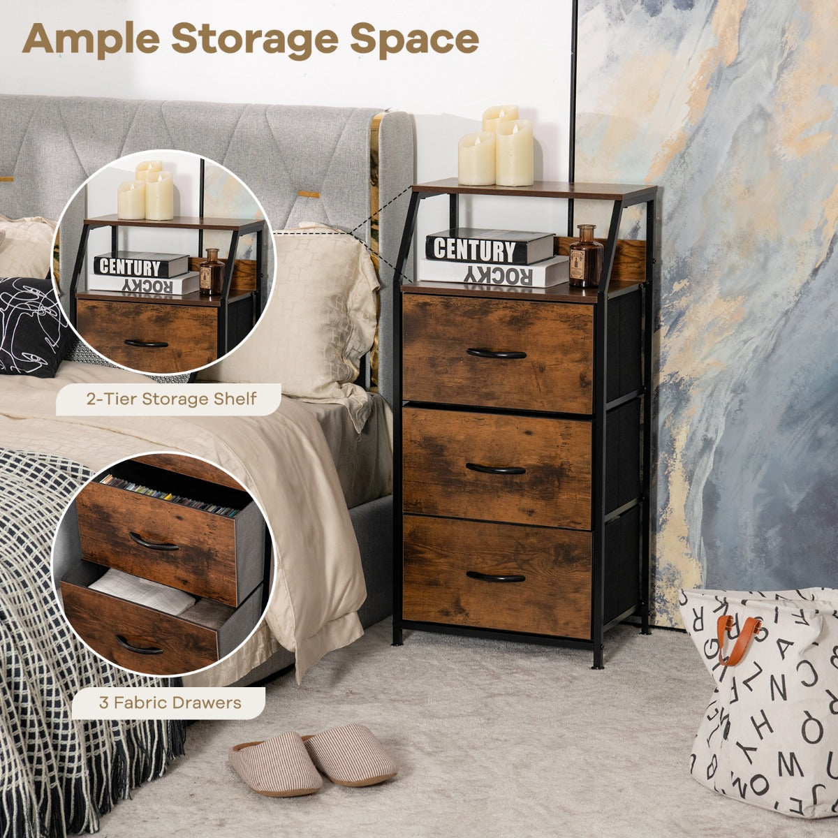 LIVSK Dressoir Organizer met 3 Laden - Stevig Stalen Frame - Beukenhouten Handvat - Verstelbare Voetkussens - 45 x 30 x 92 cm -