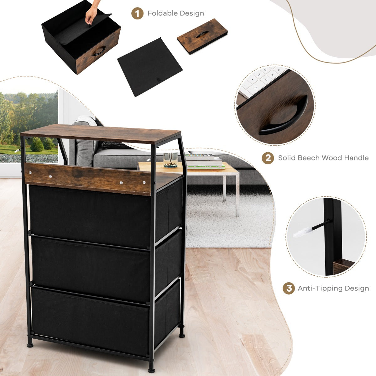 LIVSK Dressoir Organizer met 3 Laden - Stevig Stalen Frame - Beukenhouten Handvat - Verstelbare Voetkussens - 45 x 30 x 92 cm -