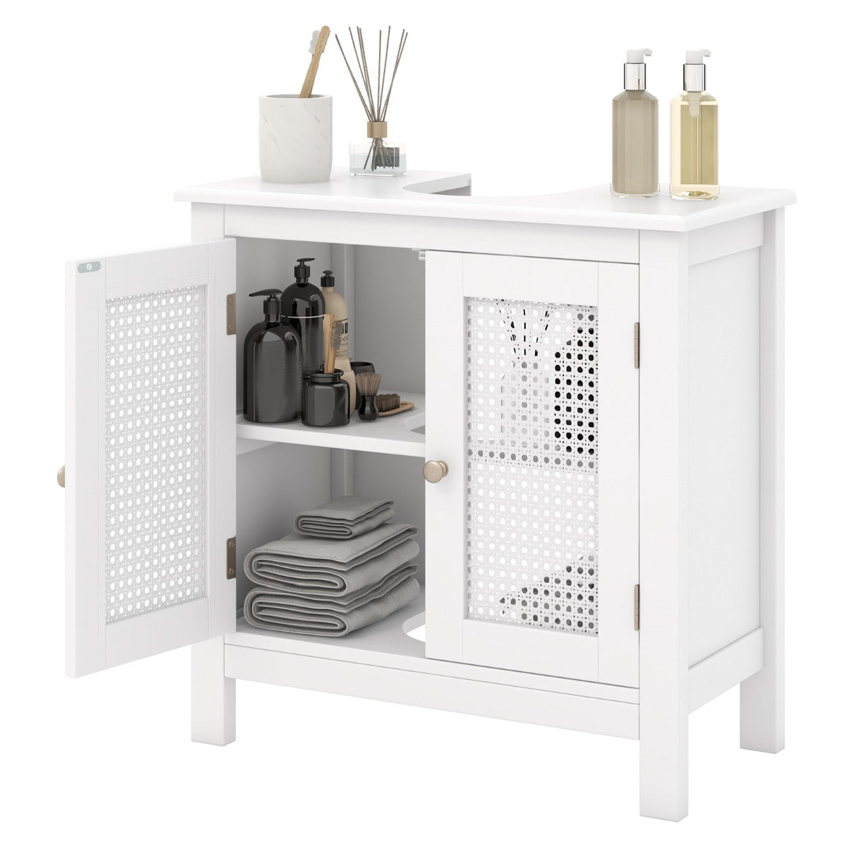 LIVSK Vrijstaande Wastafelkast met U-Vormige Uitsparing - Ruimtebesparend met Rotandeuren - 60 x 30 x 60 cm - Wit