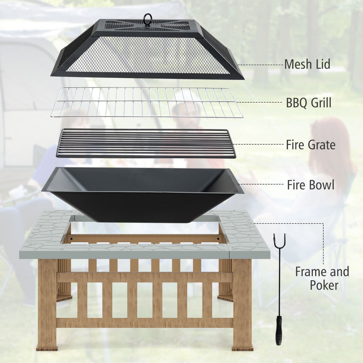 LIVSK Multifunctionele Vuurplaats - 3-in-1 Grill, Vuurplaats en IJscontainer - Veilig en Duurzaam - 81 x 81 x 50 cm - Grijs