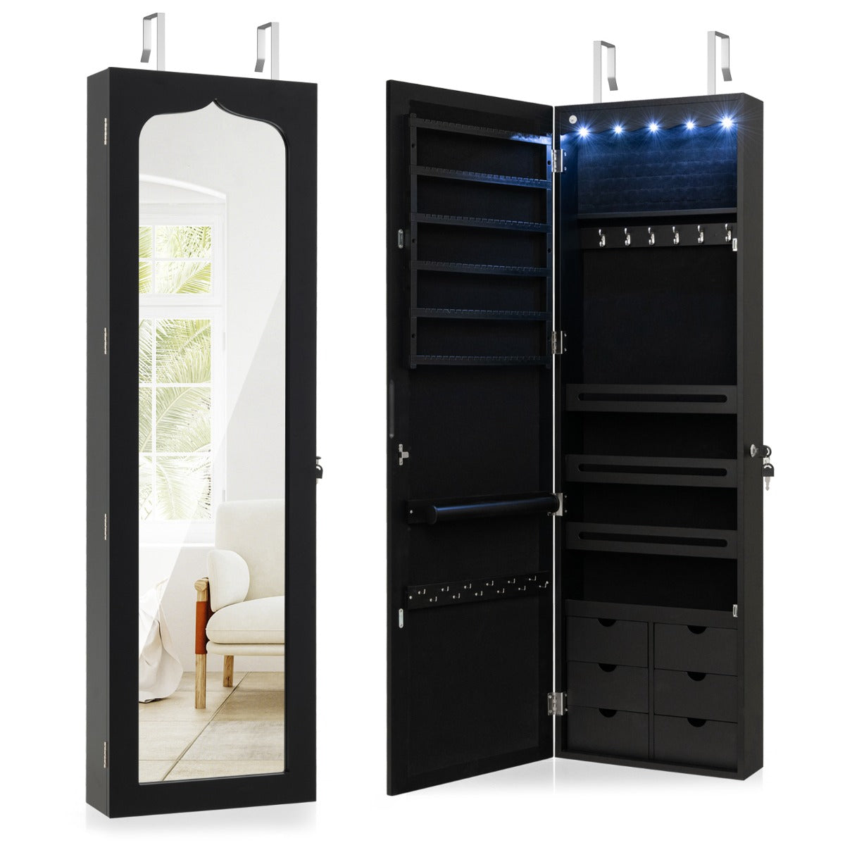 LIVSK Sieradenkast met Spiegel - Ruimtebesparend Ontwerp - Met Slot en LED-lampjes - Diverse Opbergvakken - 36,5 x 11,5 x 120 cm
