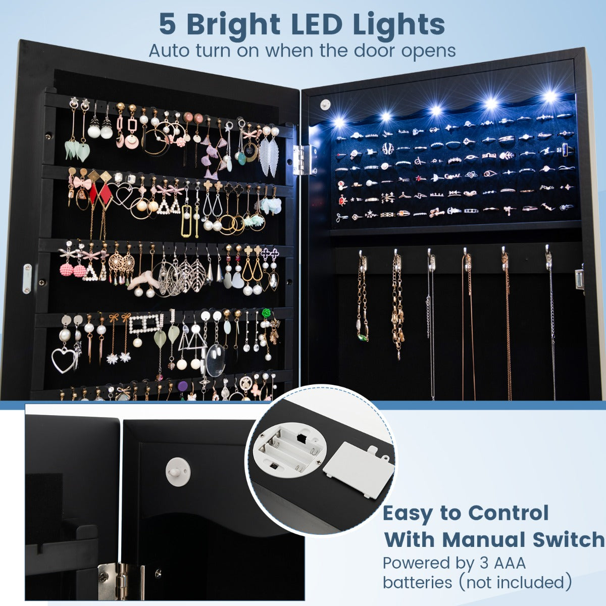 LIVSK Sieradenkast met Spiegel - Ruimtebesparend Ontwerp - Met Slot en LED-lampjes - Diverse Opbergvakken - 36,5 x 11,5 x 120 cm