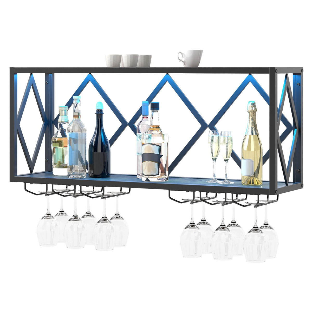 LIVSK Wand Wijnrek met LED Verlichting - Ruimte voor 39 Flessen en 12 Glazen - Stabiel en Duurzaam - Eenvoudige Installatie