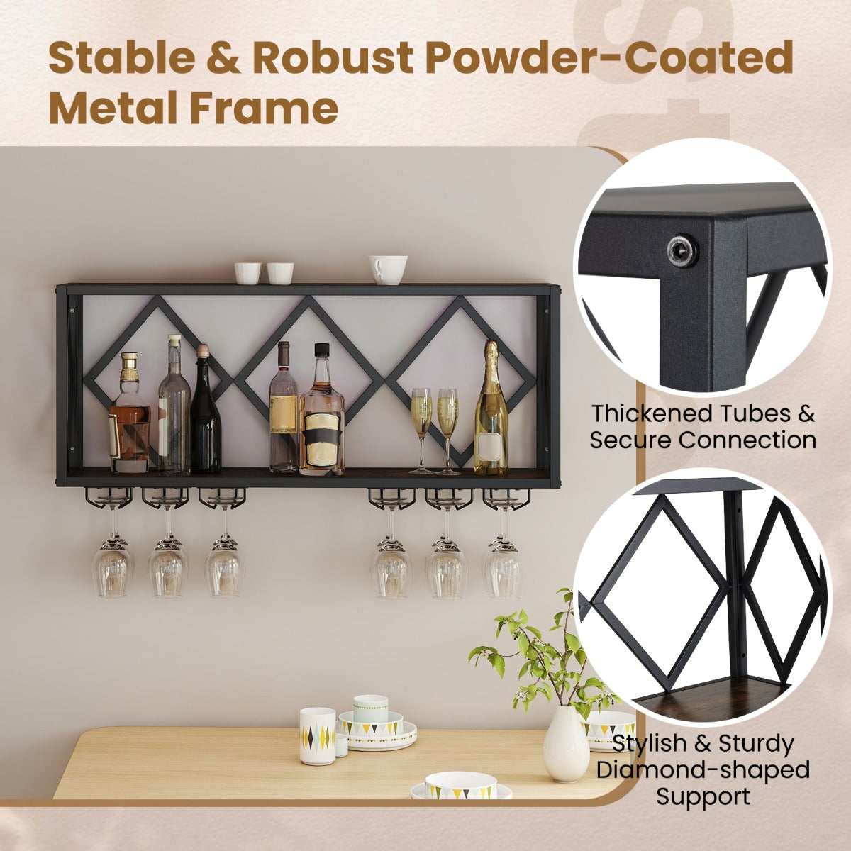 LIVSK Wand Wijnrek met LED Verlichting - Ruimte voor 39 Flessen en 12 Glazen - Stabiel en Duurzaam - Eenvoudige Installatie