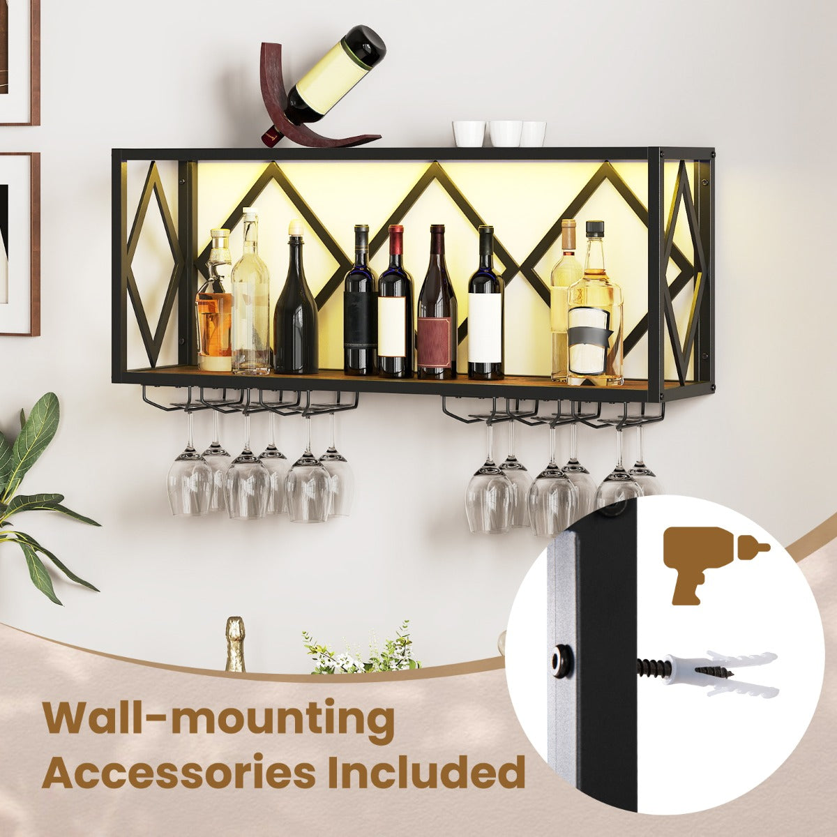 LIVSK Wand Wijnrek met LED Verlichting - Ruimte voor 39 Flessen en 12 Glazen - Stabiel en Duurzaam - Eenvoudige Installatie