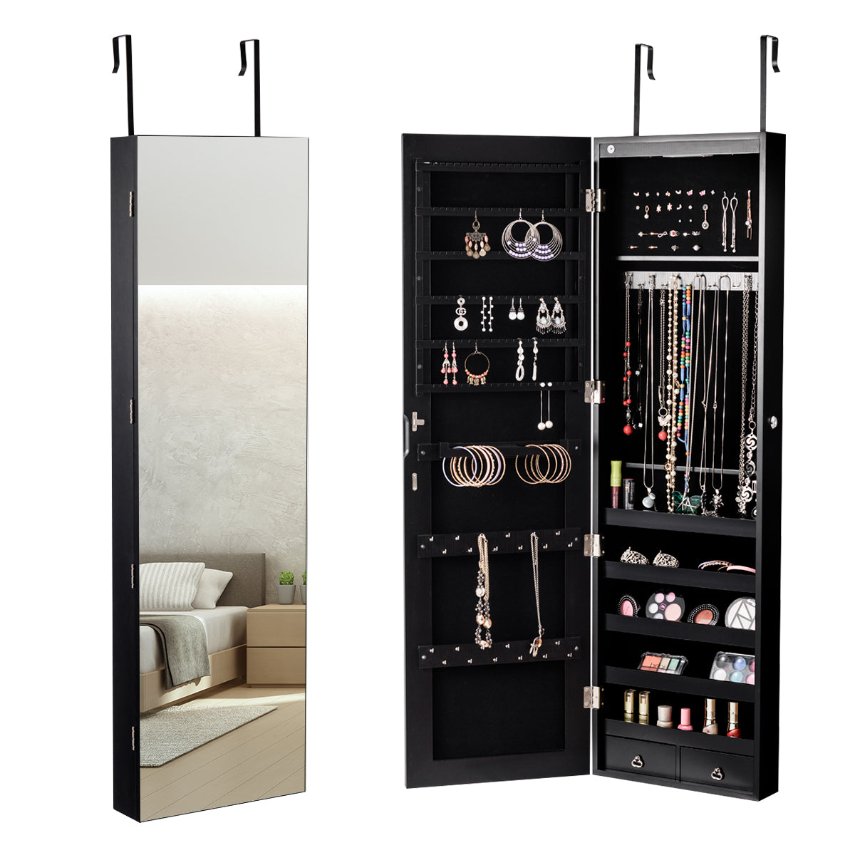 LIVSK Sieradenkast met Spiegel - 6 Gevoerde Planken - 36 Haken - 60 Ringsleuven - Wand- of Deurmontage - Zwart