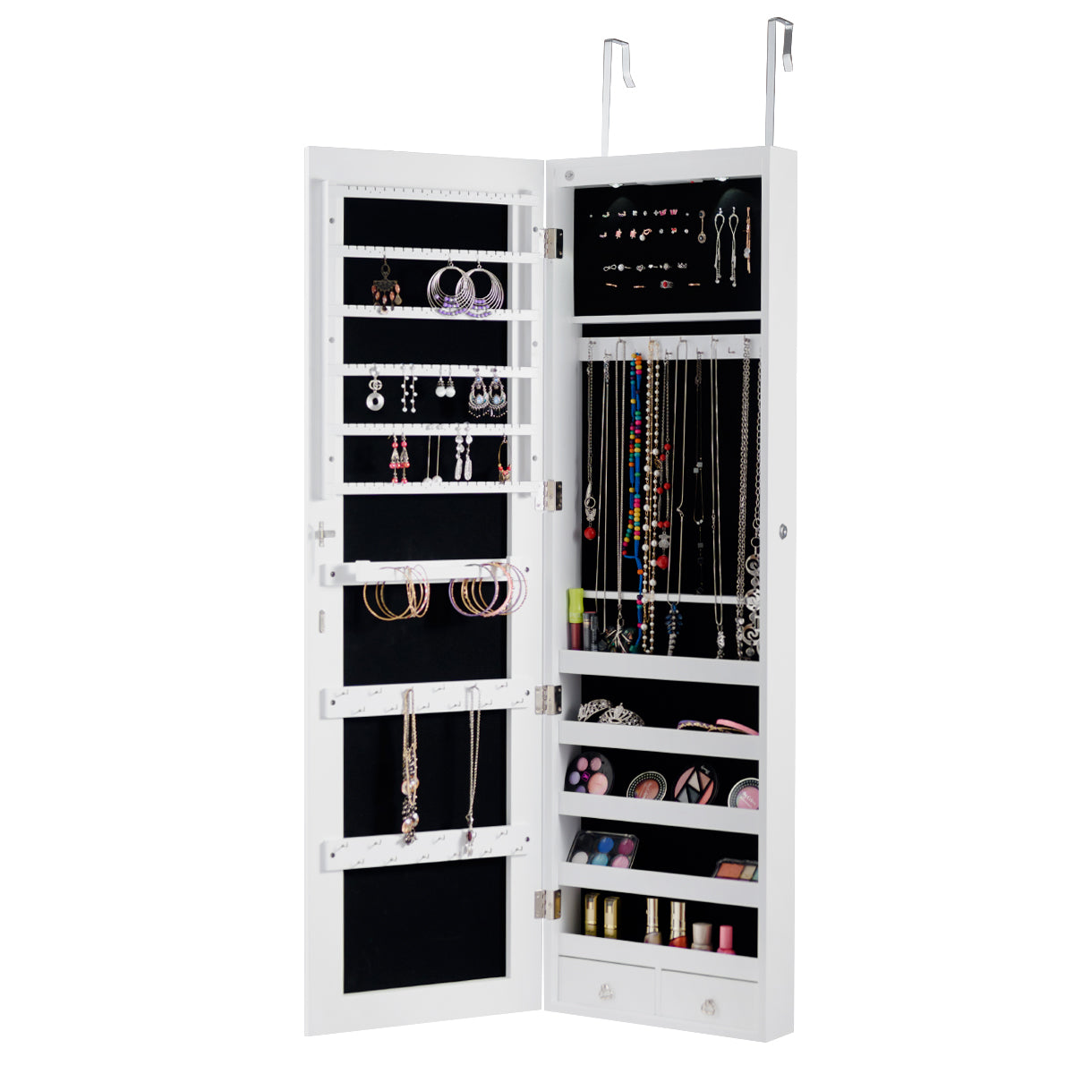LIVSK Sieradenkast - Afsluitbaar met LED-verlichting - Zacht zwart fluweel - Grote spiegel - 35,5 x 10 x 138 cm - Wit