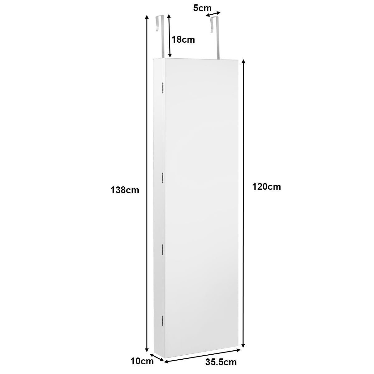 LIVSK Sieradenkast - Afsluitbaar met LED-verlichting - Zacht zwart fluweel - Grote spiegel - 35,5 x 10 x 138 cm - Wit