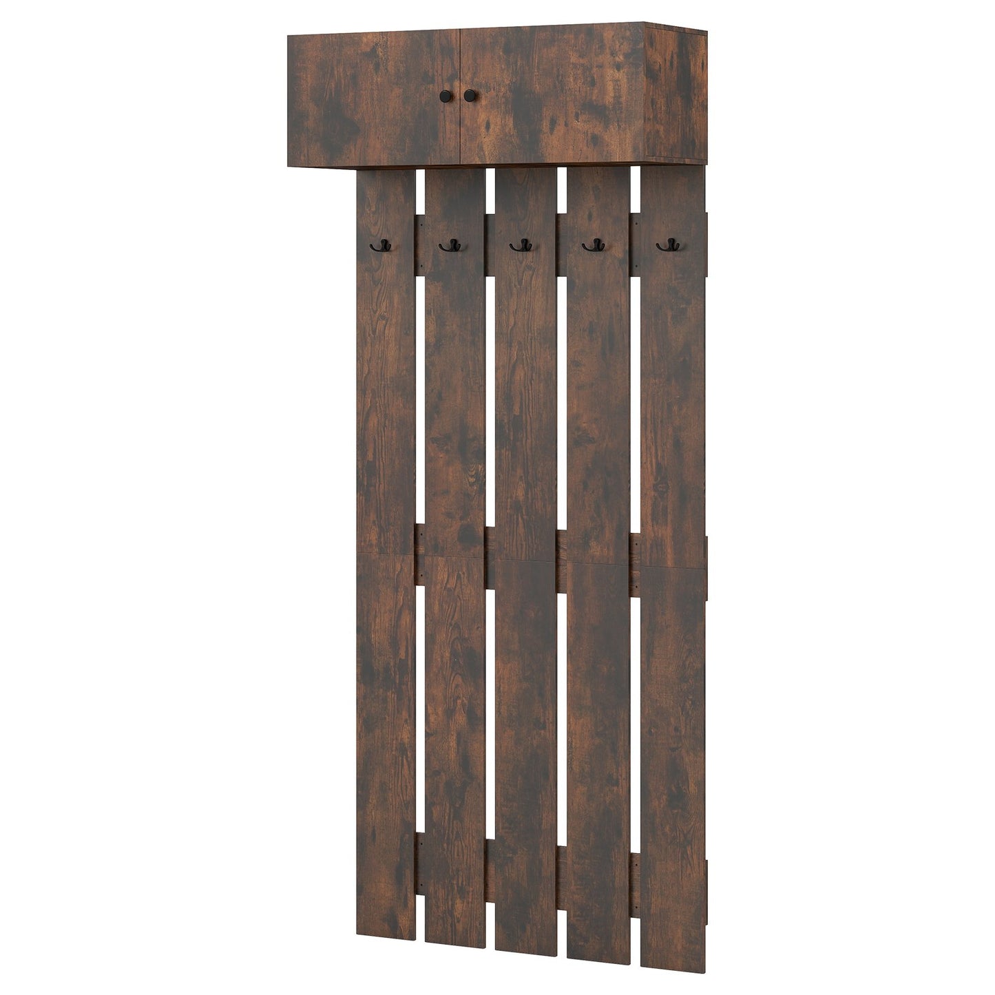 LIVSK Wandgarderobe - 2-in-1 met Opbergkast en 5 Haken - Versterkte Houten Structuur - Compact Ontwerp - Bruin