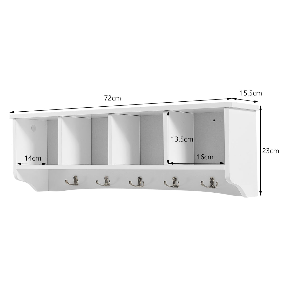 LIVSK Wandgemonteerde Opbergkast met Kapstok - 4 Compartimenten en 5 Haken - Stevig MDF - Ruimtebesparend - 72 x 15 x 23 cm - Wit