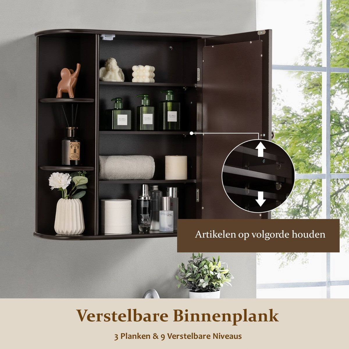 LIVSK Multifunctionele Badkamerkast - Duurzaam MDF - Spiegeldeur - 6 Vakken - Efficiënt Ruimtegebruik - 65 x 17 x 64 cm - Bruin