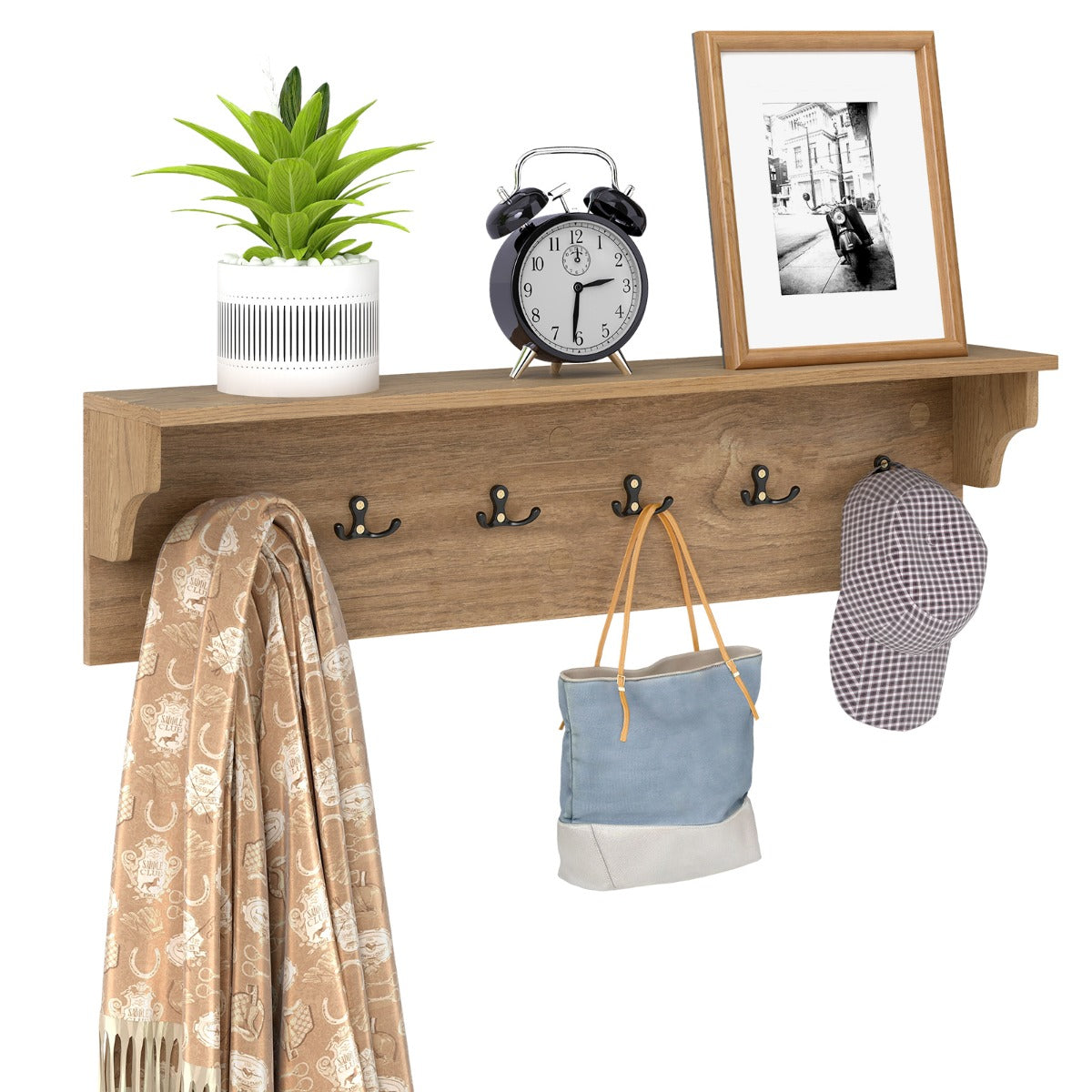 Livsk costway wandkapstok met opbergvak houten wandrail met zes haken naturel