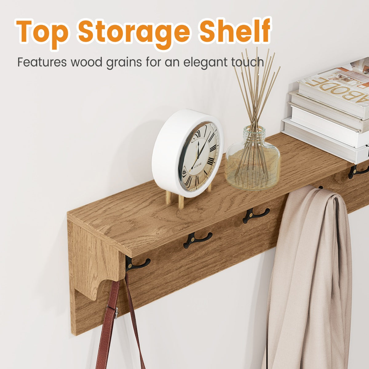 Livsk costway wandkapstok met opbergvak houten wandrail met zes haken naturel 3